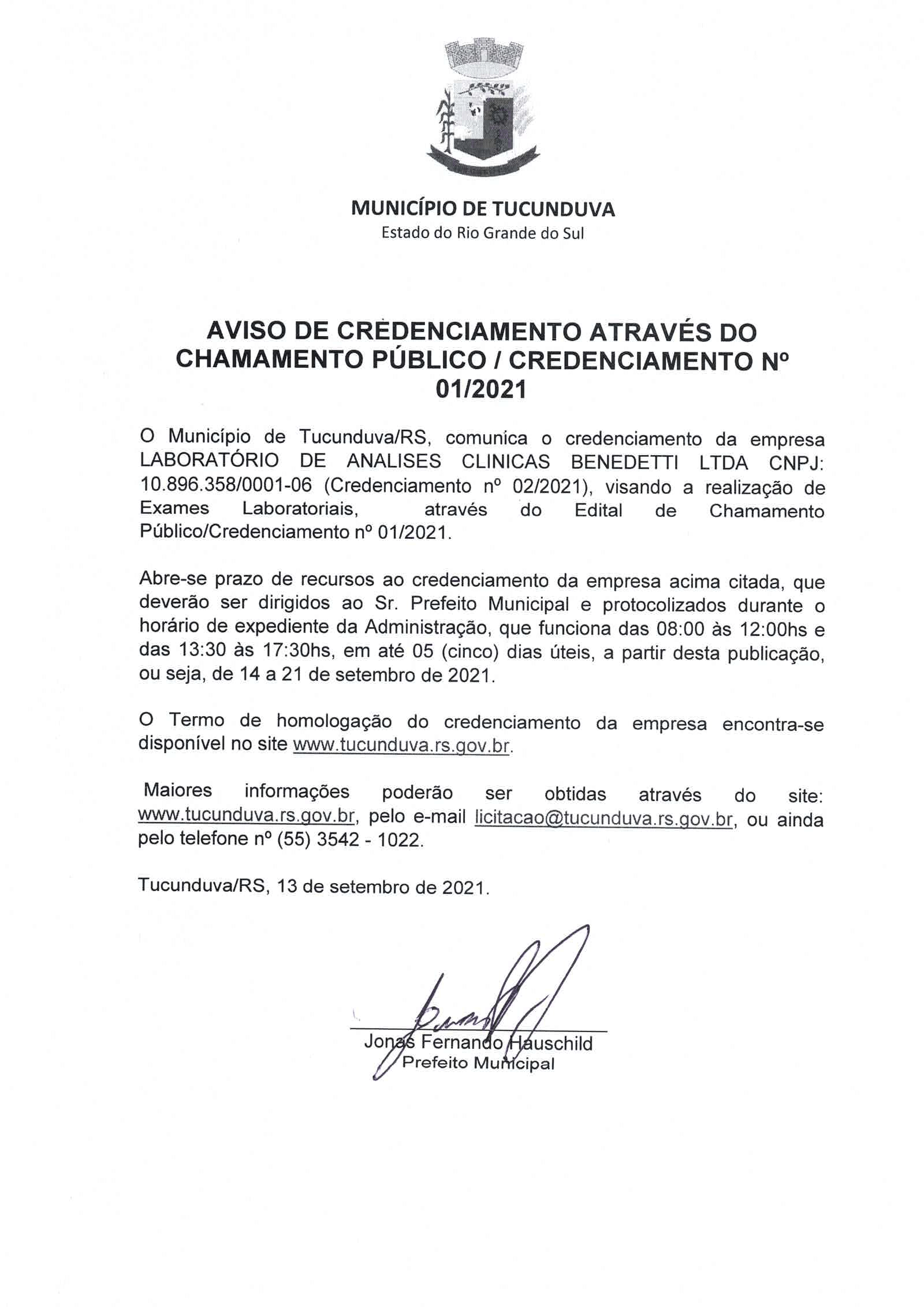 AVISO DE CREDENCIAMENTO DE EMPRESA PARA REALIZAÇÃO DE EXAMES LABORATORIAIS - CHC 01_2021